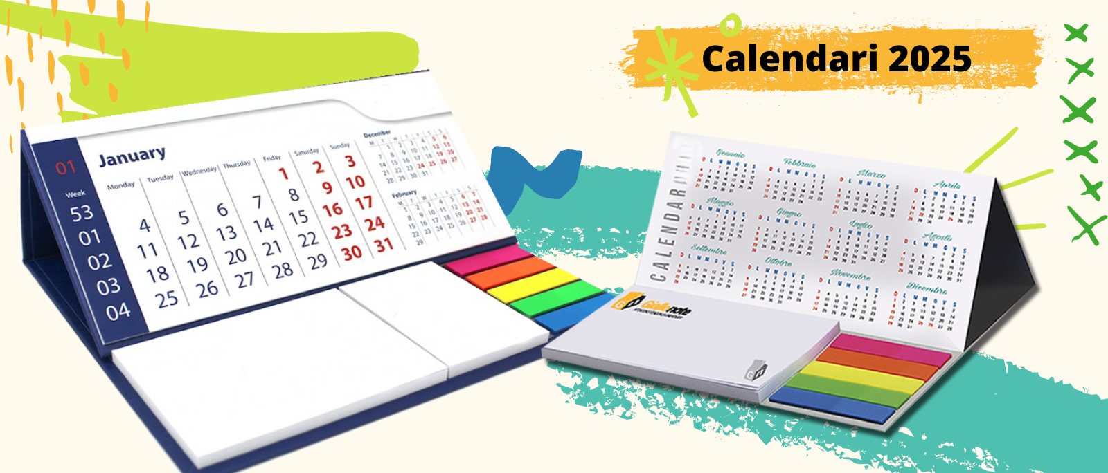 Calendari personalizzati 2025 con post-it e segnapagina