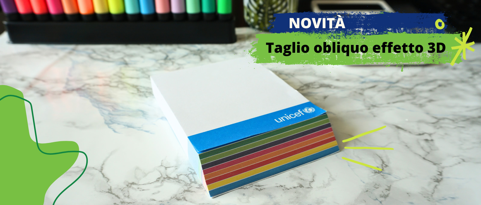 Post-it con taglio obliquo effetto 3D. Stampa il tuo logo o la tua grafica